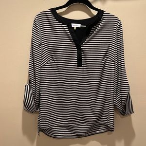 Calvin Klein black&beige striped blouse size S adjustable sleeves beautiful